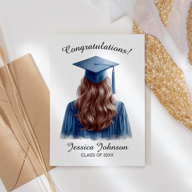 Congratulations Brunette Female Graduate in Blue Thank You Card (Creator Uploaded)