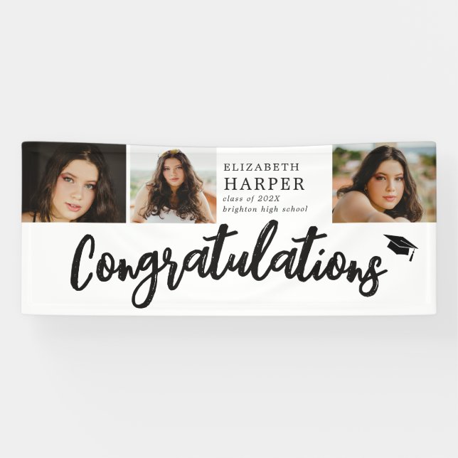 Congratulations Brush Script  3 Photo Graduation  Banner (Horizontal)