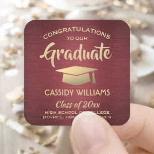 Congratulations Brushed Burgundy & Gold Graduation Square Sticker