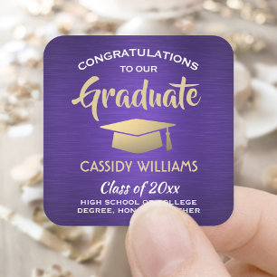 Congratulations Brushed Purple and Gold Graduation Square Sticker