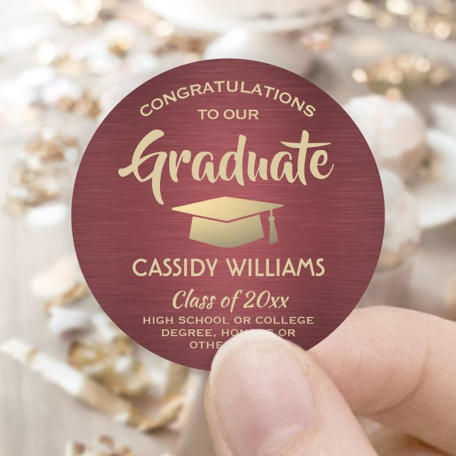 Congratulations Burgundy Red and Gold Graduation Classic Round Sticker (Creator Uploaded)