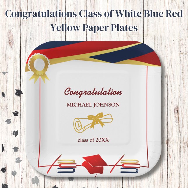 Congratulations Class of White Blue Red Yellow  Paper Plate (Creator Uploaded)