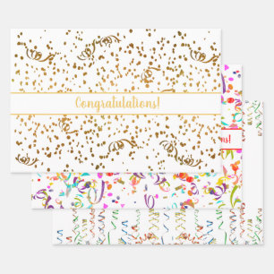 Congratulations Confetti Streamers Gold Multicolor Wrapping Paper Sheet