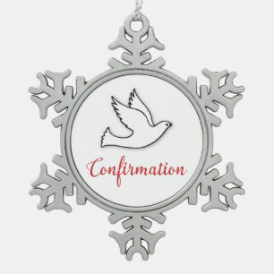 Congratulations Confirmation Dove with Gold, Red Snowflake Pewter Christmas Ornament