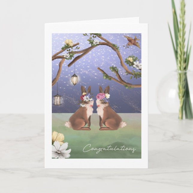 Congratulations Cute Bunny Rabbit Lesbian Couple Card (Front)