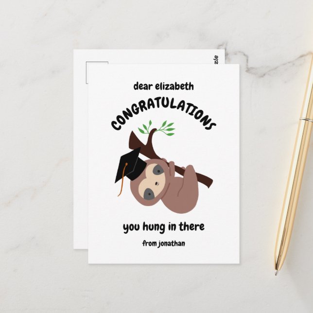 Congratulations Cute Sloth Graduation Custom Card (Front/Back In Situ)