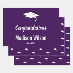 Congratulations Dark Purple White Graduate Name Wrapping Paper Sheet