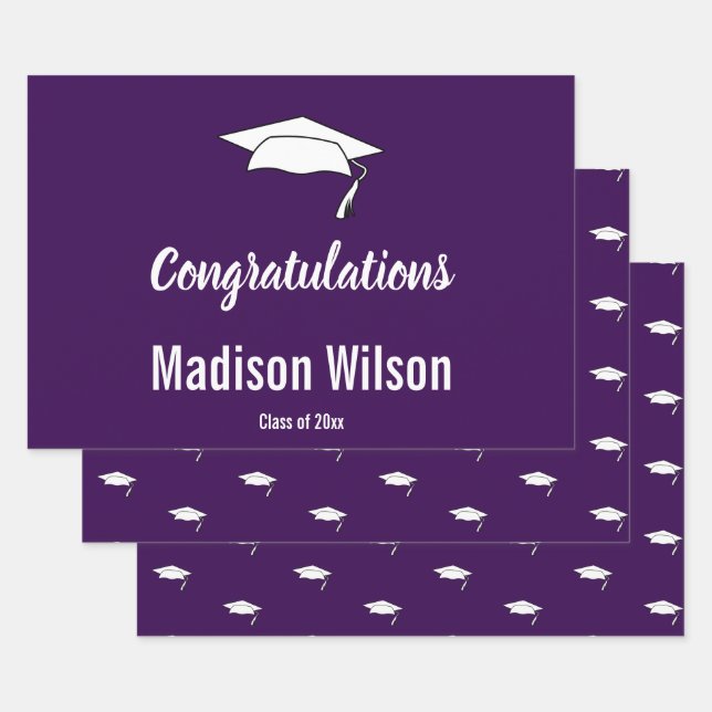 Congratulations Dark Purple White Graduate Name Wrapping Paper Sheet (Set)