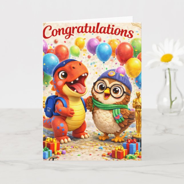 Congratulations, dinosaur and our success celebrat card (Small Plant)