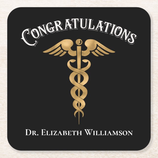 Congratulations Doctor Physician Caduceus Square Paper Coaster (Front)