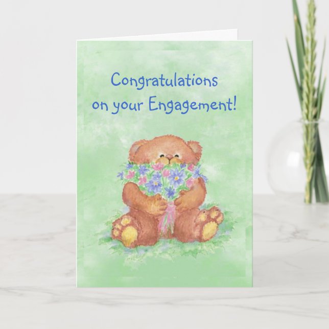 Congratulations Engagement Fun Teddy Bear Flowers Card (Front)
