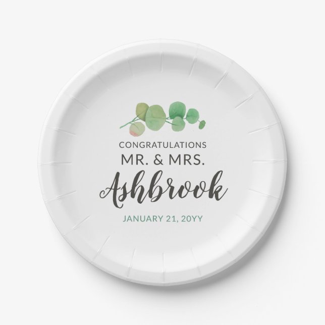 Congratulations Eucalyptus Leaf Botanical Wedding Paper Plate (Front)