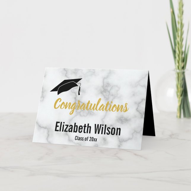 Congratulations Faux White Marble Graduate Name Card (Front)