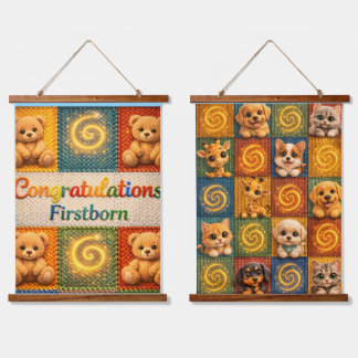 Congratulations, first born and cute animals knitt hanging tapestry