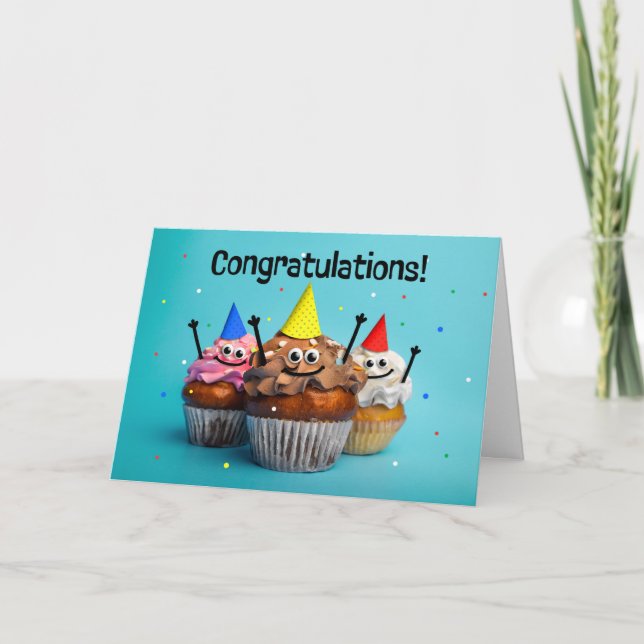 Congratulations For Anyone Three Happy Cupcakes  Holiday Card (Front)