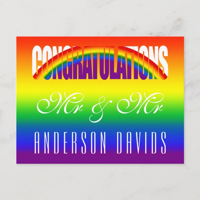 Congratulations Gay Couple Bright Rainbow Flag Postcard (Front)