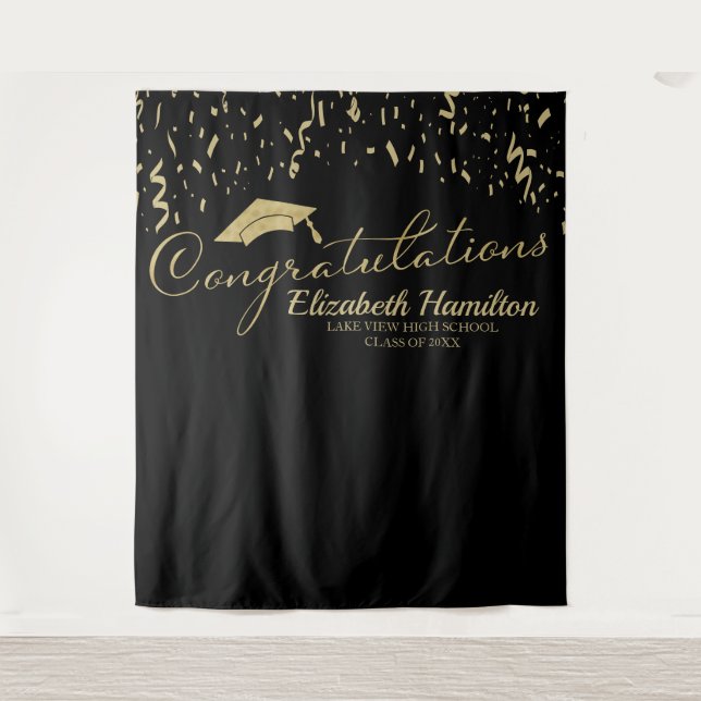Congratulations Gold And Black Graduation Backdrop Tapestry (Front)