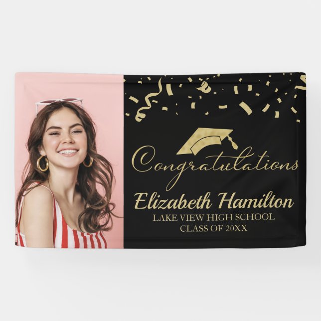 Congratulations Gold And Black Photo Graduation Banner (Horizontal)