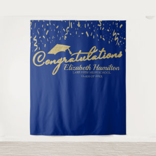 Congratulations Gold And Blue Graduation Backdrop Tapestry