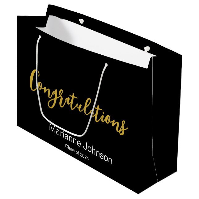 Congratulations Gold Black White Graduate Name Large Gift Bag (Front Angled)