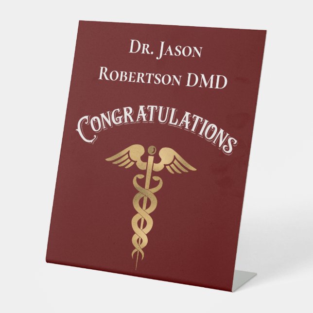 Congratulations Gold Caduceus Dentist Dental Pedestal Sign (Front)