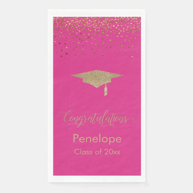 Congratulations Gold Confetti Grad Cap Bold Pink Napkin (Front)