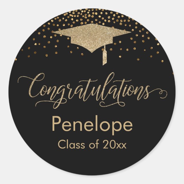 Congratulations Gold Confetti Graduation Black Classic Round Sticker (Front)