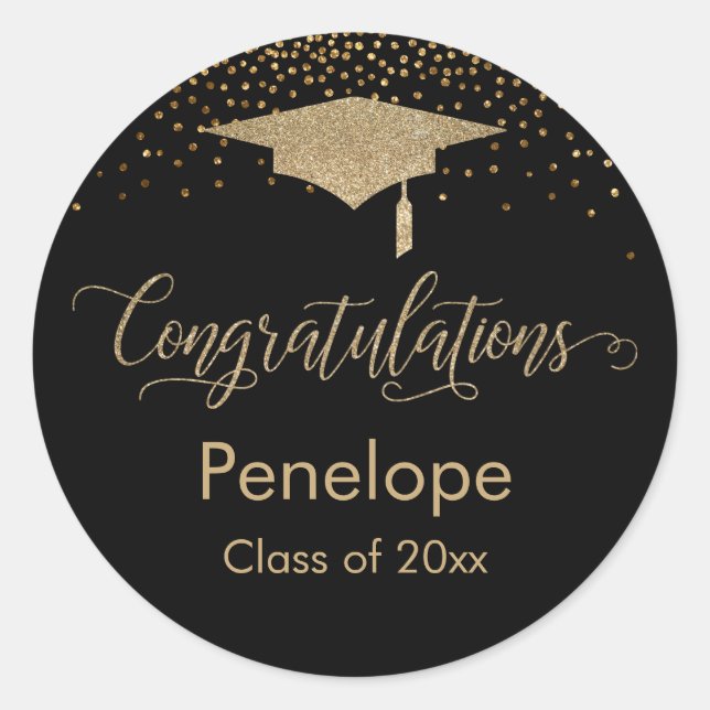 Congratulations Gold Confetti Graduation Black Classic Round Sticker (Front)