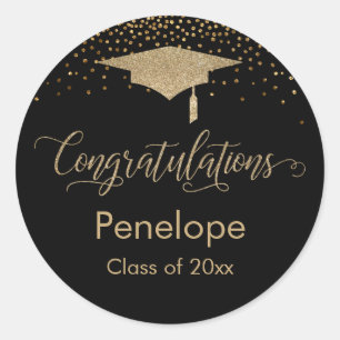 Congratulations Gold Confetti Graduation Black Classic Round Sticker