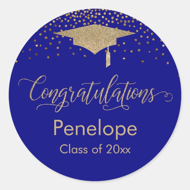 Congratulations Gold Confetti Graduation Blue Classic Round Sticker (Front)