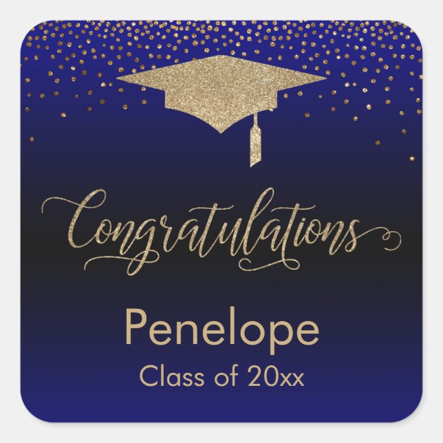 Congratulations Gold Confetti Graduation Blue Square Sticker (Front)
