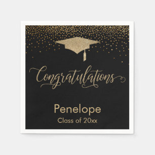 Congratulations Gold Confetti Graduation Cap Black Napkin