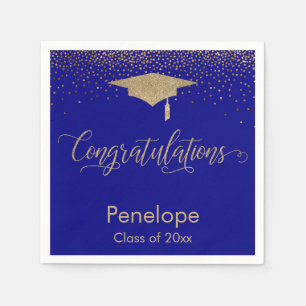 Congratulations Gold Confetti Graduation Cap Blue Napkin