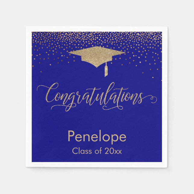 Congratulations Gold Confetti Graduation Cap Blue Napkin (Front)