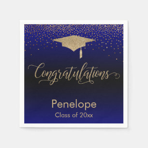 Congratulations Gold Confetti Graduation Cap Blue Napkin