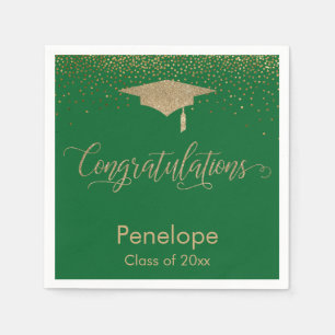 Congratulations Gold Confetti Graduation Cap Green Napkin