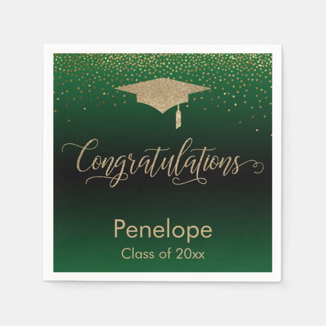 Congratulations Gold Confetti Graduation Cap Green Napkin (Front)