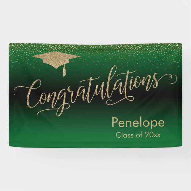 Congratulations Gold Confetti Graduation Green Banner (Horizontal)