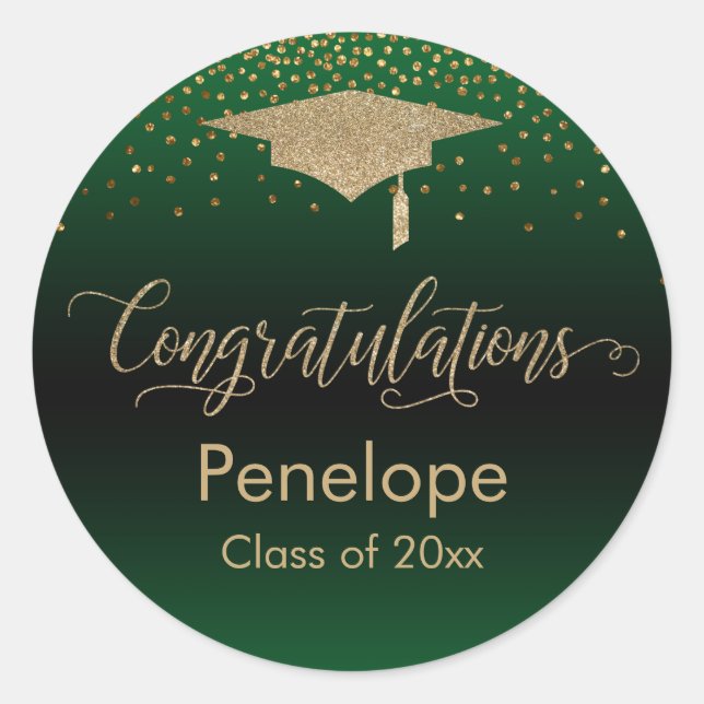 Congratulations Gold Confetti Graduation Green Classic Round Sticker (Front)