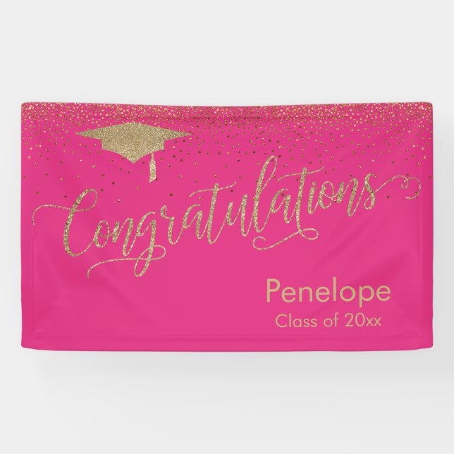 Congratulations Gold Confetti Graduation Hot Pink Banner (Horizontal)