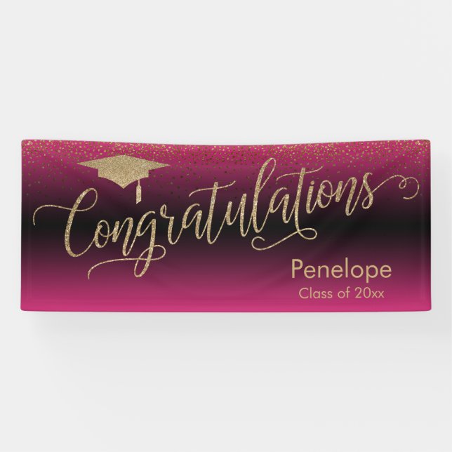 Congratulations Gold Confetti Graduation Hot Pink Banner (Horizontal)