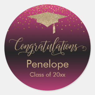 Congratulations Gold Confetti Graduation Hot Pink Classic Round Sticker