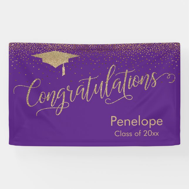 Congratulations Gold Confetti Graduation Purple Banner (Horizontal)