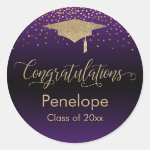 Congratulations Gold Confetti Graduation Purple Classic Round Sticker