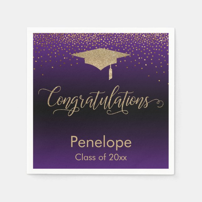 Congratulations Gold Confetti Graduation Purple Napkin (Front)