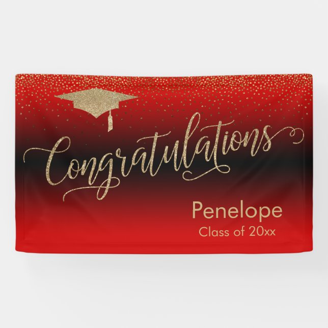Congratulations Gold Confetti Graduation Red Banner (Horizontal)