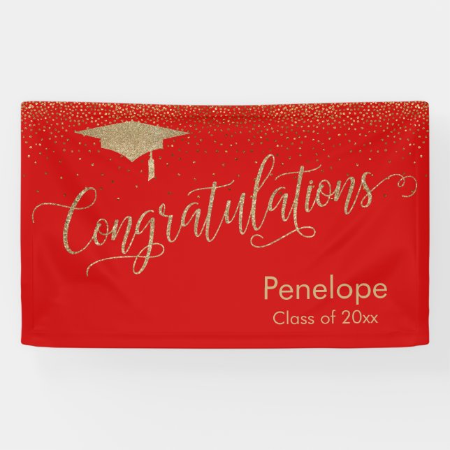 Congratulations Gold Confetti Graduation Red Banner (Horizontal)