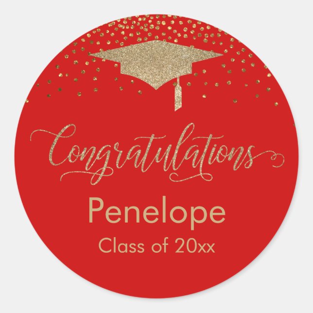 Congratulations Gold Confetti Graduation Red Classic Round Sticker (Front)