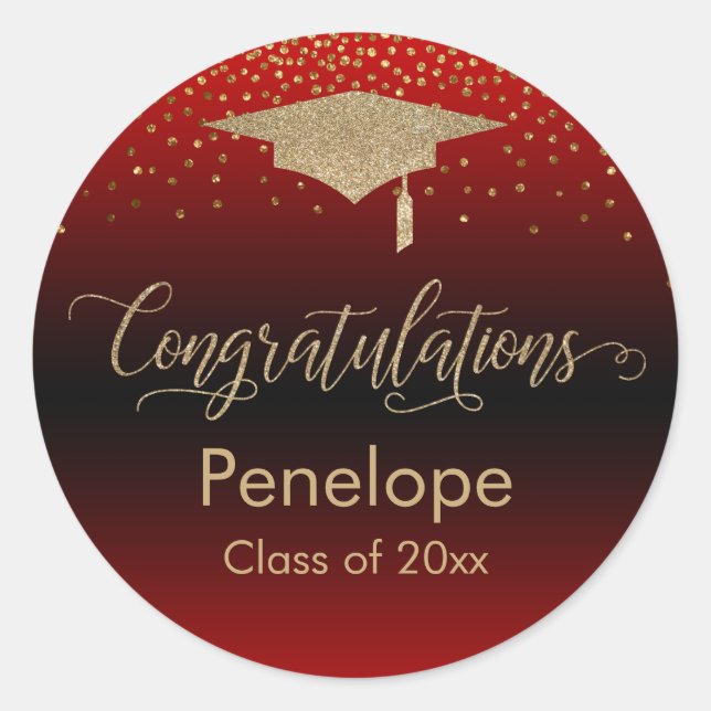Congratulations Gold Confetti Graduation Red Classic Round Sticker (Front)