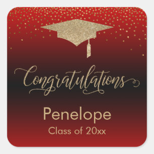 Congratulations Gold Confetti Graduation Red Square Sticker
